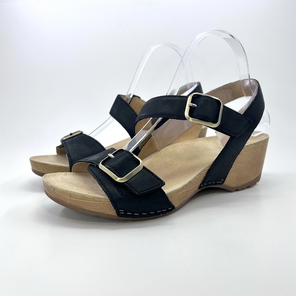Dansko Trinity Wedge Sandals EU 39 US 8.5-9 Black Burnished Nubuck Leather NWOB‎